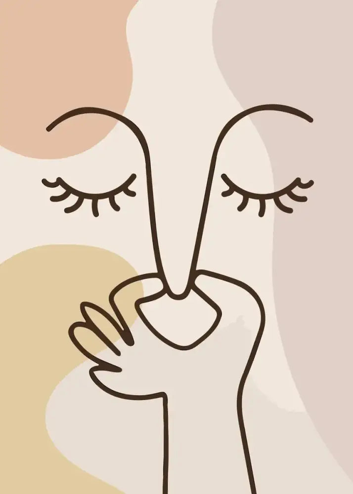 Minimalist line art mona lisa bathroom wall art by decorbites featuring a face with closed eyes and heart-shaped fingers