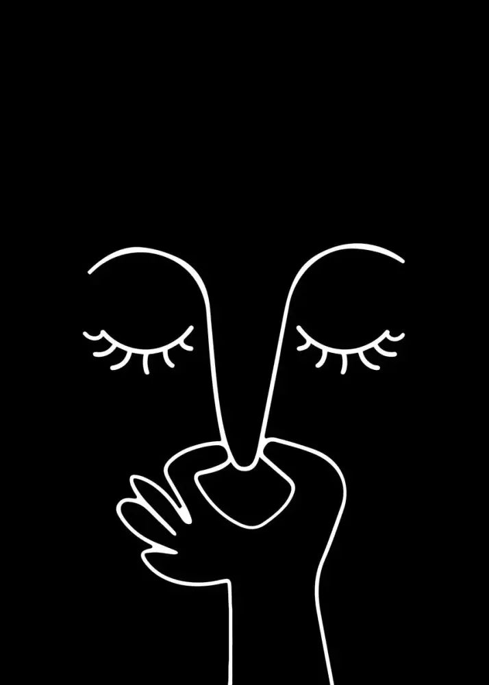 Decorbites™ mona lisa bathroom wall art featuring minimalist white line hand peace sign with closed eyes on black background