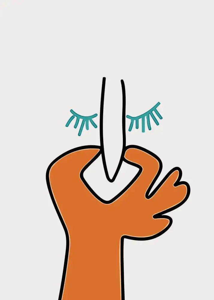 Decorbites™ mona lisa bathroom wall art featuring an orange illustrated hand with closed eyes and white finger pointing up