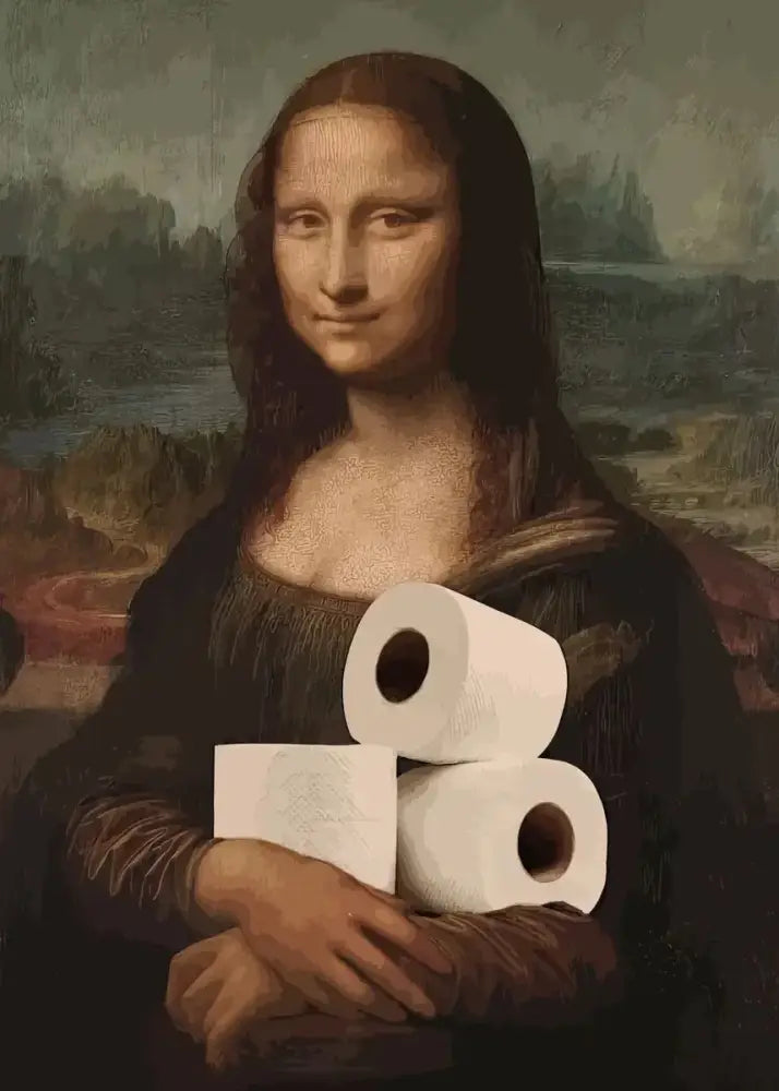 A stack of three white paper toilet rolls held in hands for mona lisa bathroom wall art decor by decorbites