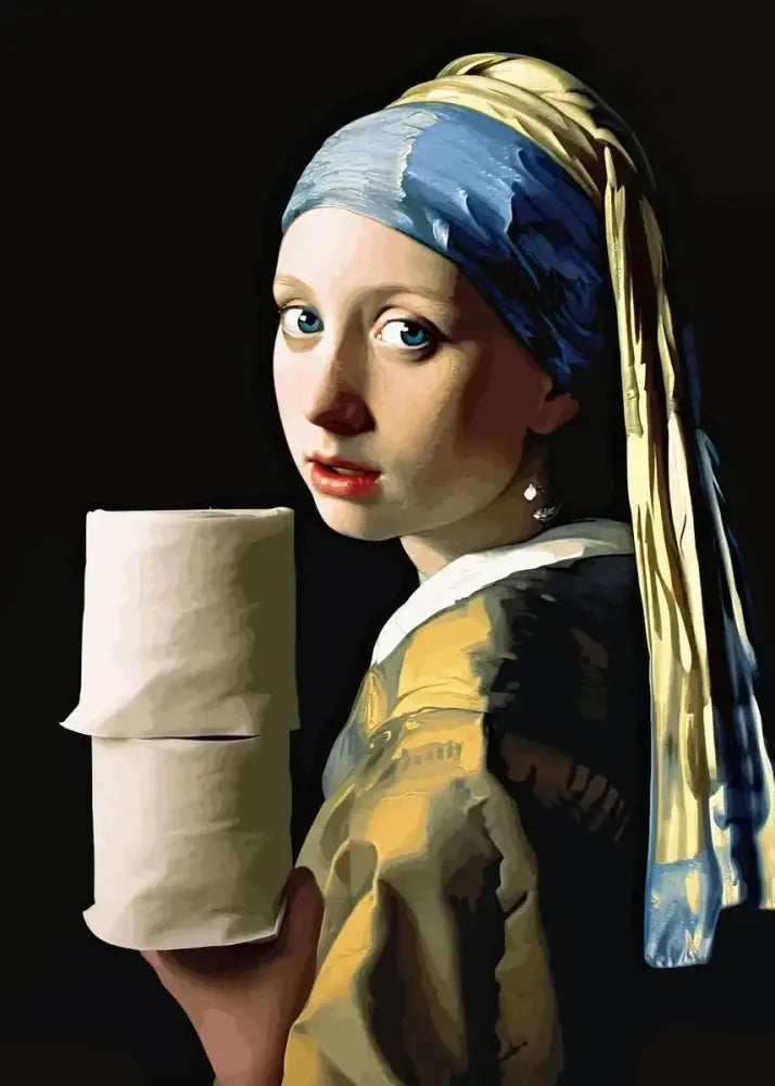 A hand holding a stack of two off-white paper toilet rolls for mona lisa bathroom wall art decor by decorbites