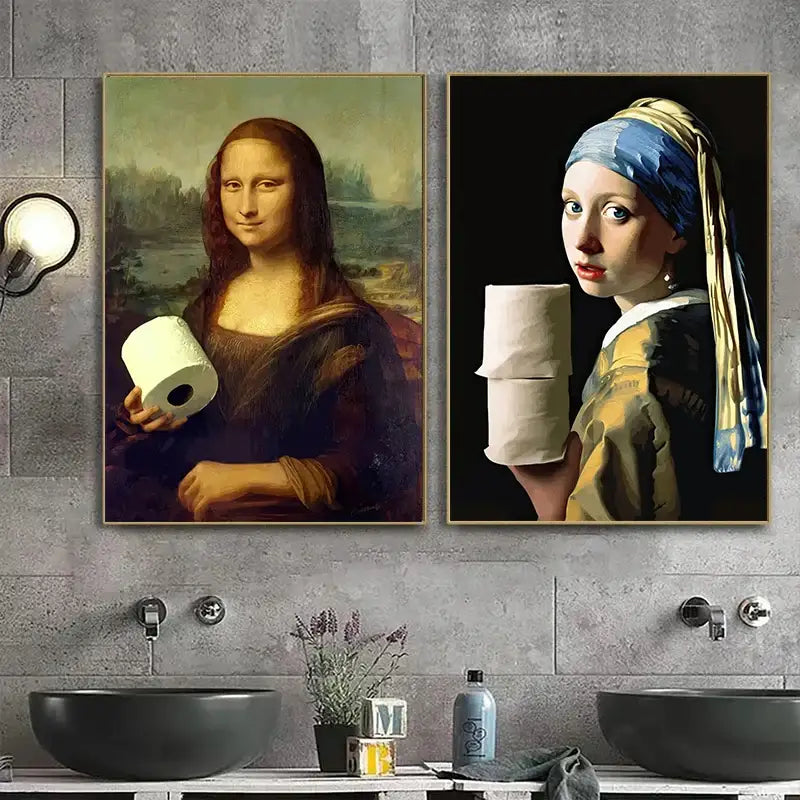 Two framed art prints from decorbites featuring mona lisa bathroom and girl with a pearl earring holding toilet rolls
