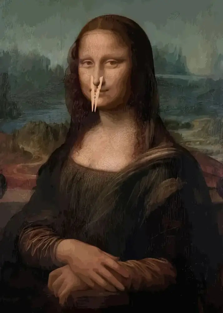 Decorbites™ mona lisa bathroom wall art decor featuring a white plastic clothespin inserted into mona lisa nose