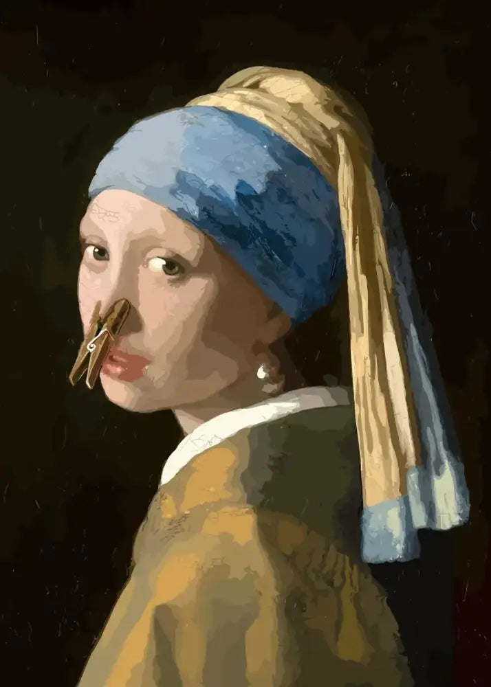 DecorBites™ mona lisa bathroom wall art featuring a painted portrait with a wooden clothespin on the nose
