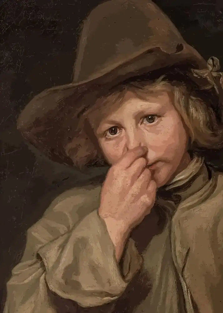 A young boy in a wide-brimmed brown hat featured in decorbites mona lisa bathroom wall art for bathroom toilet decor