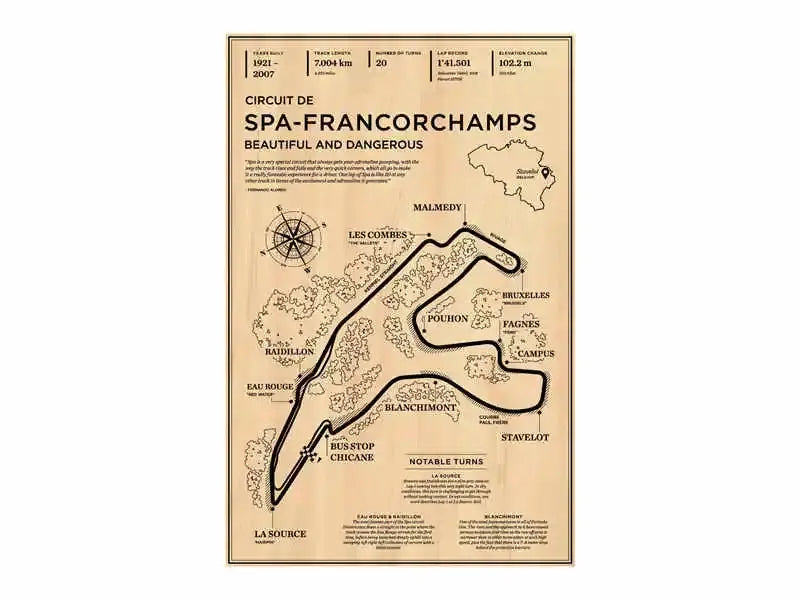 Vintage-style beige poster featuring circuit de spa-francorchamps layout in black ink for monaco grand prix decor