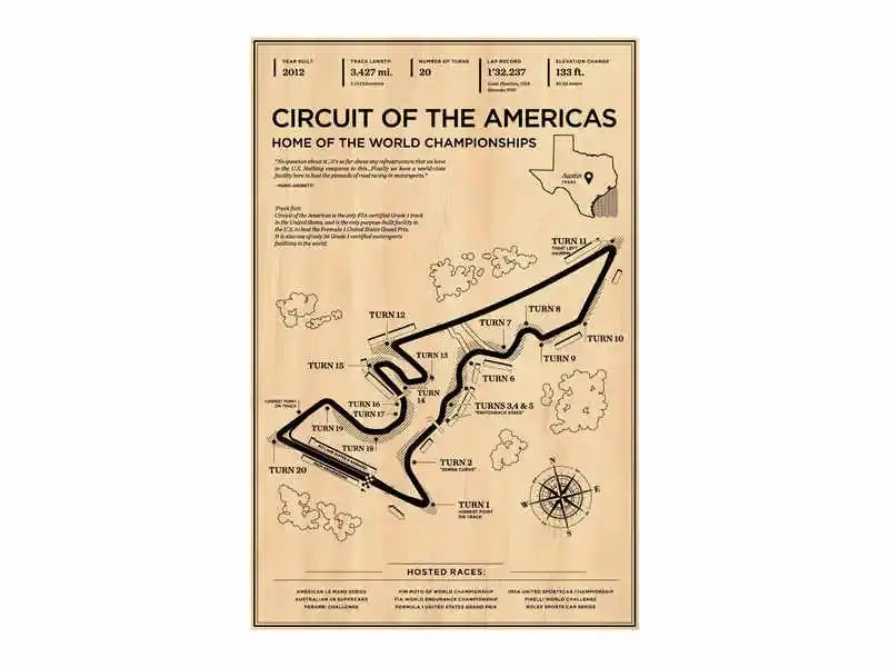 Beige canvas wall art featuring a black line drawing of the circuit of the americas with turn labels for monaco grand prix decor