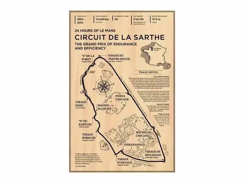 Decorbites™ monaco grand prix racing canvas wall art featuring vintage beige map of circuit de la sarthe 24 hours of le mans
