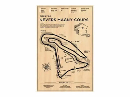 Vintage-style decorbites™ canvas wall art of circuit de nevers magny-cours on beige background for monaco grand prix fans
