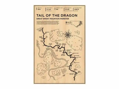 Vintage-style sepia map poster titled tail of the dragon featuring black ink trails and landmarks for monaco grand prix decor