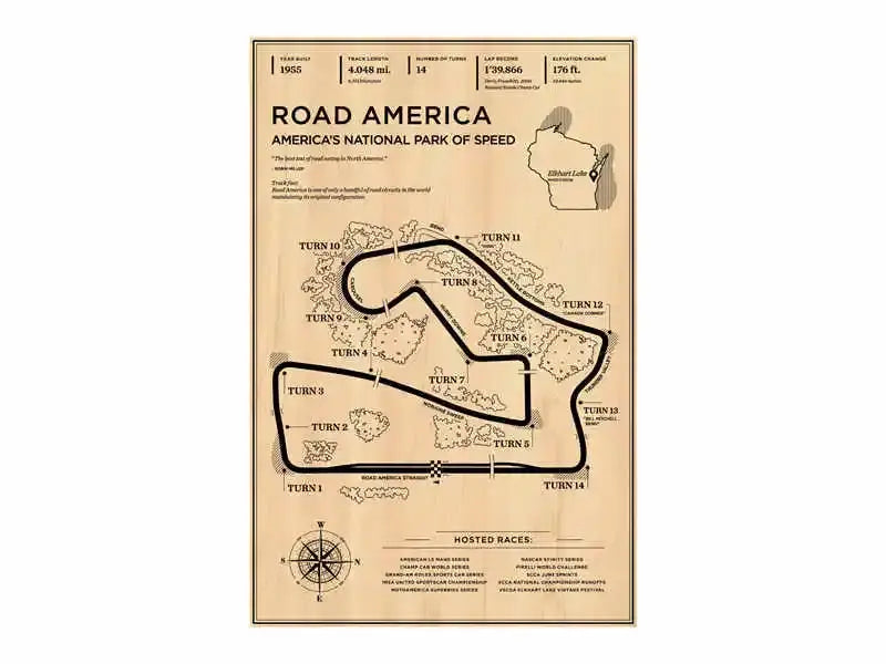 Beige vintage-style decorbites™ monaco grand prix racing poster featuring black ink road america track layout wall art