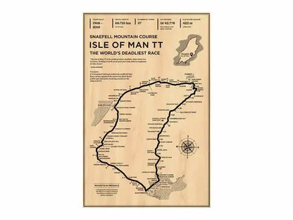 Beige wooden map of isle of man tt race course with black ink detailing in decorbites™ monaco grand prix vintage wall art