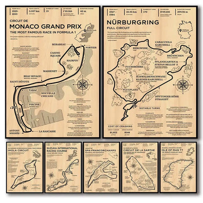 Decorbites™ monaco grand prix racing poster vintage wall art featuring sepia maps of monaco, nürburgring, and tracks