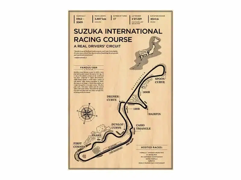 Vintage-style beige decorbites™ monaco grand prix racing poster featuring suzuka international racing course illustrations and text