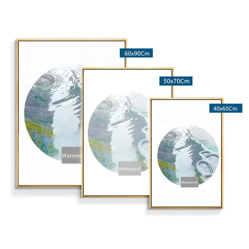Three framed abstract art prints with circular water ripple design in muted blues and greens for monaco grand prix decor