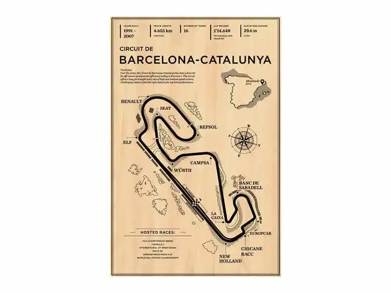 Vintage-style beige canvas wall art featuring circuit de barcelona-catalunya layout and sponsor logos for monaco grand prix
