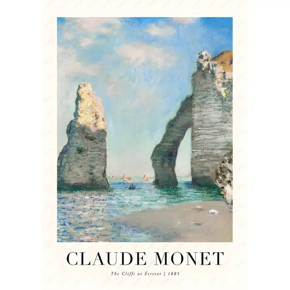 DecorBites™ monet wildflower poster print featuring the cliffs at Étretat in gray white and turquoise for home decor