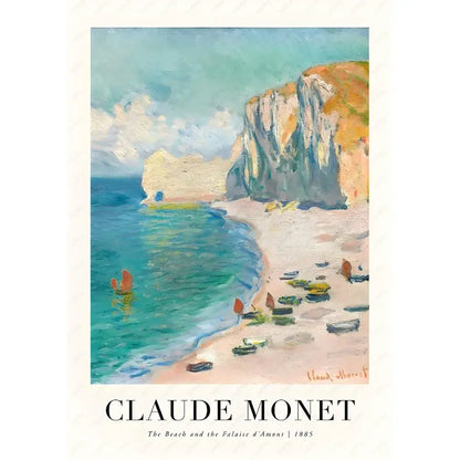Decorbites monet wildflower poster print featuring 1885 coastal scene with turquoise water white cliffs and small boats