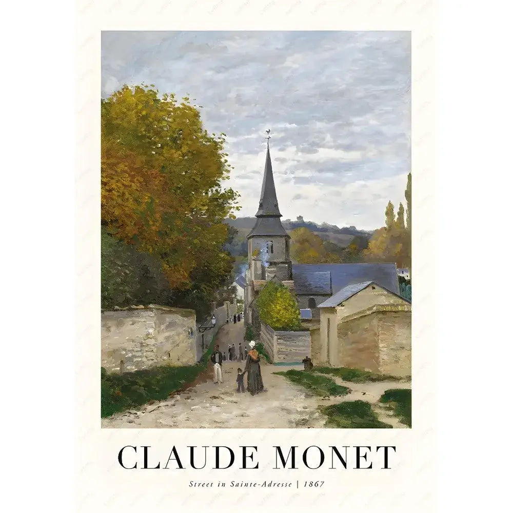Decorbites monet wildflower poster print featuring a cobblestone street in sainte-adresse with autumn trees and church spire