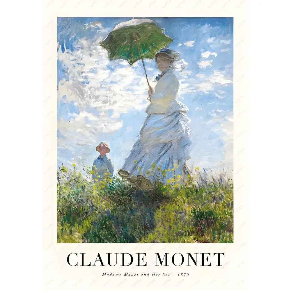 Decorbites™ monet wildflower poster print featuring madame monet and her son with a green parasol under blue sky