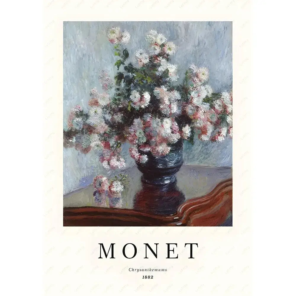 A monet wildflower poster print featuring a dark glossy ceramic vase with white and pink chrysanthemums in impressionistic style