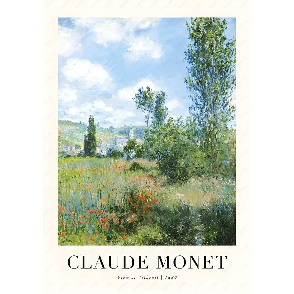 A framed DecorBites monet wildflower poster print featuring vibrant impressionistic greens blues and orange poppies