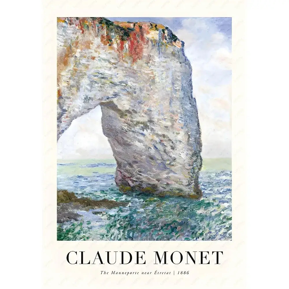 Decorbites monet wildflower poster print featuring white chalk cliffs with natural arch over textured sea and sky