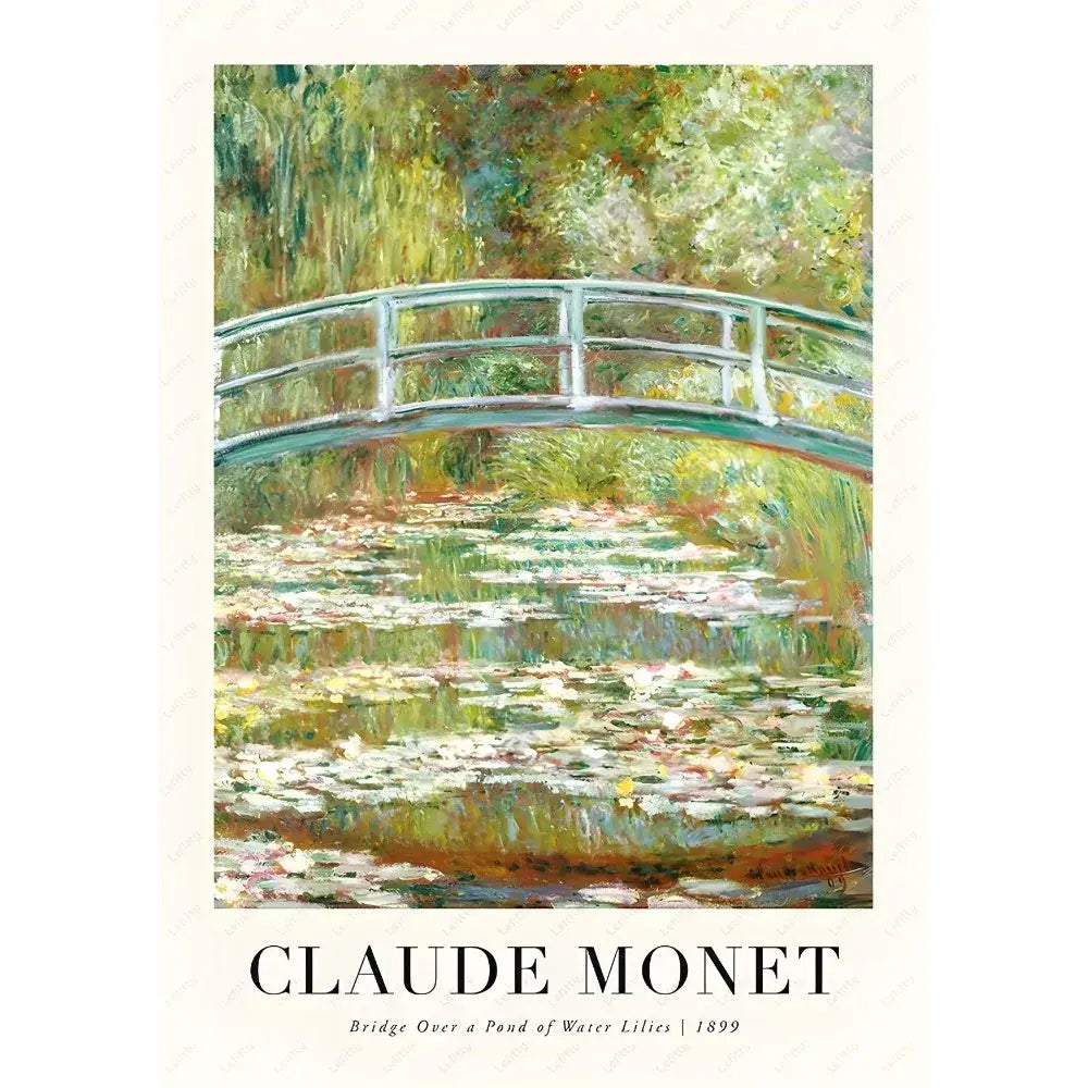 Decorbites monet wildflower poster print featuring a white arched bridge over a pond of water lilies for home decor