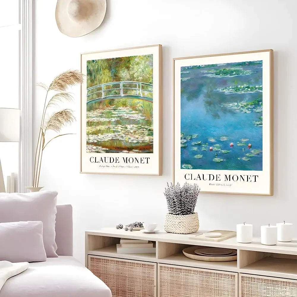 Two framed monet wildflower poster prints in light wood frames with white matting for elegant home decor display