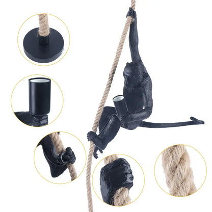 DecorBites™ monkey rope chandelier pendant light with black resin monkey gripping hemp rope and integrated light fixture