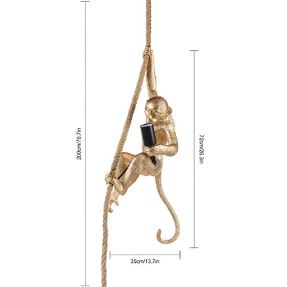 Gold-colored monkey decoration rope chandelier pendant light with hemp rope texture and black cylindrical fixture by decorbites