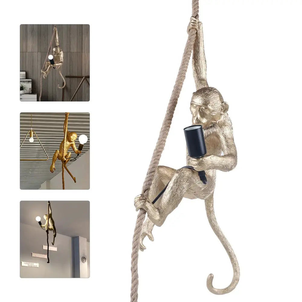 DecorBites metallic gold monkey decoration hanging from hemp rope holding a black rope chandelier lamp fixture