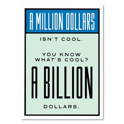A minimalist decorbites monopoly millionaire canvas wall art with bold black and blue text on light mint background