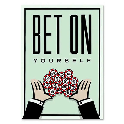 Minimalist monopoly millionaire canvas wall art with bold bet on yourself text and hands holding red and white casino chips
