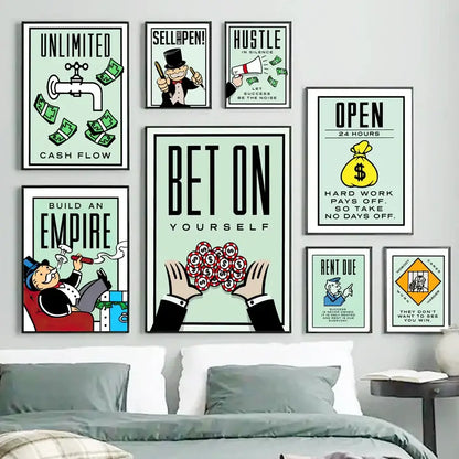 Set of eight monopoly millionaire canvas wall art prints with bold black text and colorful illustrations on mint backgrounds
