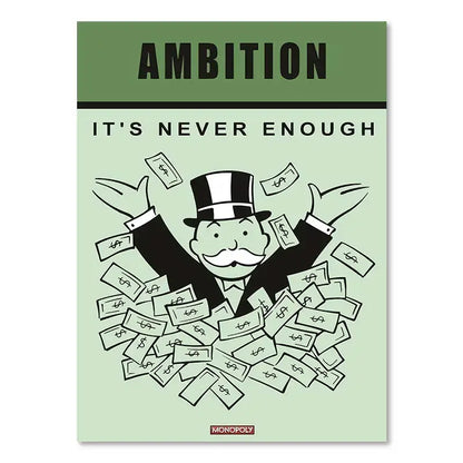 Decorbites™ monopoly millionaire canvas wall art featuring cartoon man with top hat and green dollar bills with ambition text