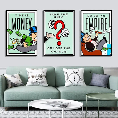 Three framed monopoly millionaire canvas wall art posters with bold black text mint backgrounds and dice illustrations