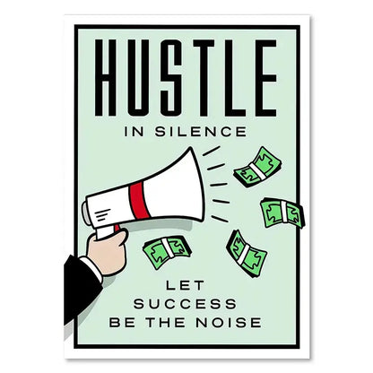 Minimalist monopoly millionaire cartoon canvas art featuring hustle in silence text and megaphone with flying dollar bills for home decor