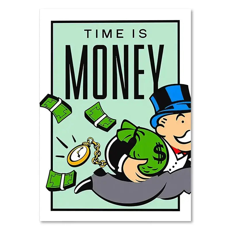 Cartoon illustration of a monopoly millionaire man in blue top hat holding money bag with falling bills for home decor canvas art