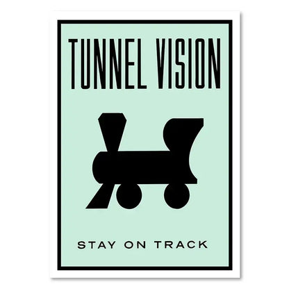 Minimalist mint green canvas art featuring bold black train silhouette and text for monopoly millionaire home decor