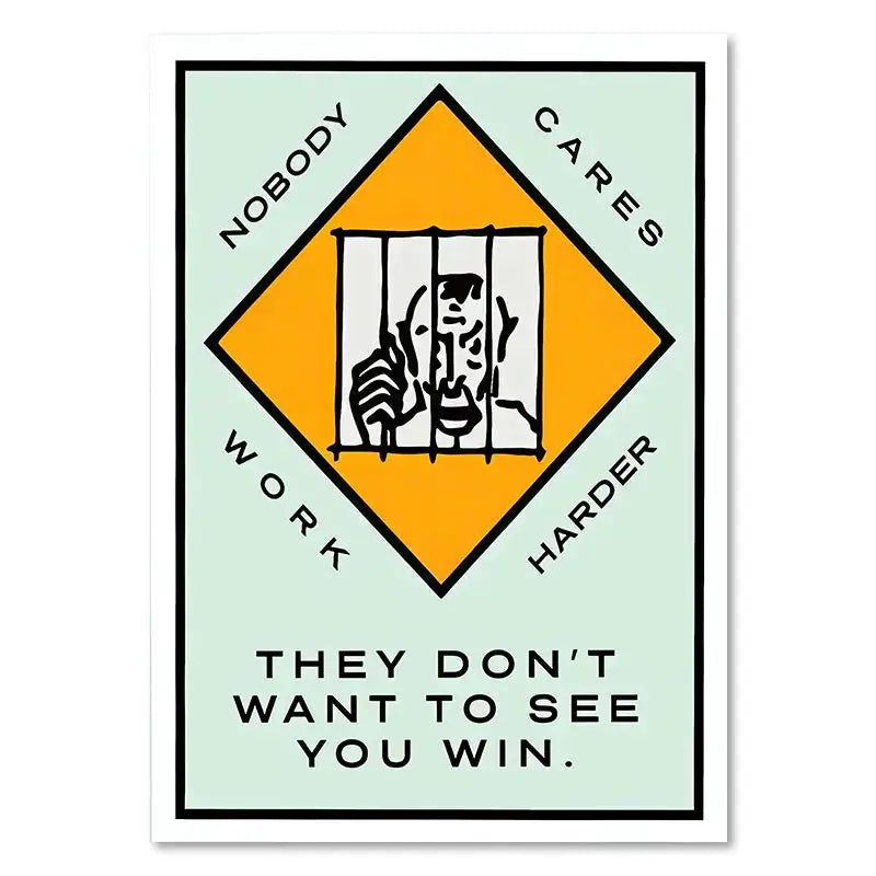 Decorbites™ monopoly millionaire cartoon canvas art with yellow warning sign and black line drawing for home decor