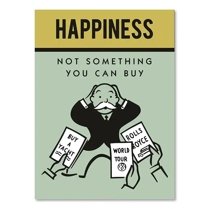 A minimalist monopoly millionaire cartoon canvas art with sage green background and bold black text for home decor