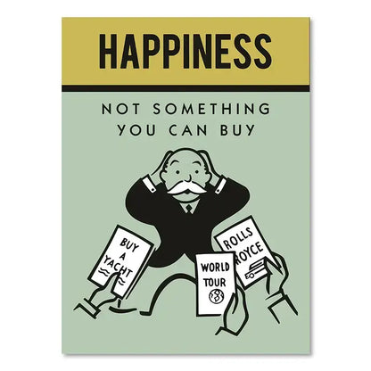 A minimalist monopoly millionaire cartoon canvas art with sage green background and bold black text for home decor