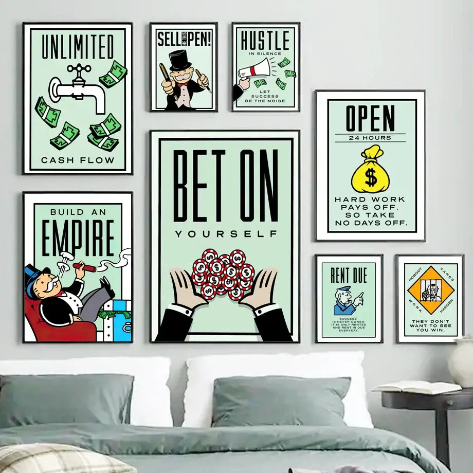 Set of eight framed monopoly millionaire cartoon canvas art posters with bold text and colorful illustrations for home decor