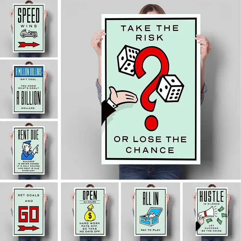 Mint green decorbites™ monopoly millionaire cartoon canvas art with red question mark and motivational text for home decor