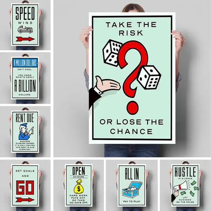 Mint green decorbites™ monopoly millionaire cartoon canvas art with red question mark and motivational text for home decor