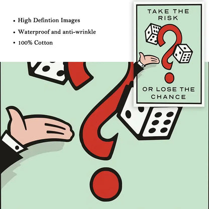 Mint green monopoly millionaire cartoon canvas art featuring a bold red question mark dice graphic for home decor