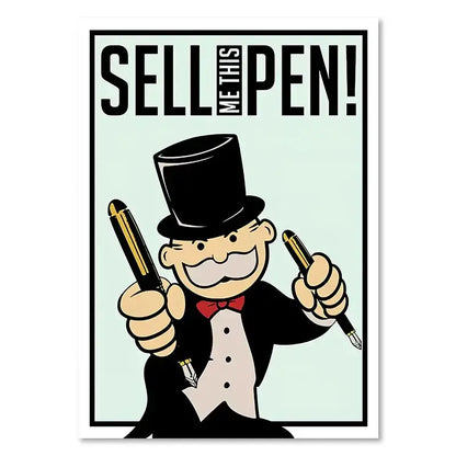 Decorbites™ monopoly millionaire cartoon canvas wall art featuring black top hat character with red bow tie holding pens