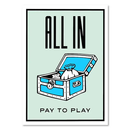 Decorbites™ monopoly millionaire cartoon canvas wall art featuring blue treasure chest with silver lock and money bags
