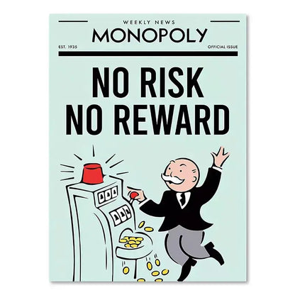 Light blue monopoly millionaire cartoon wall art featuring a celebrating man and slot machine for dollar money poster decor